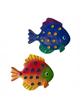 Y2K Fish Wall Hanging Vibrant Ocean Themed Ceramic Painted Wall Decor Set of 2